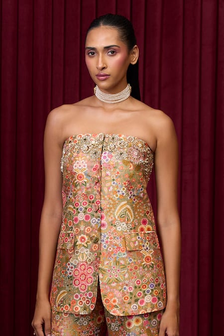Buy_Ridhi Mehra_Green Silk Sequins, Pearls, Embroidery Cadenza Floral Print Jacket With Pant _Online_at_Aza_Fashions