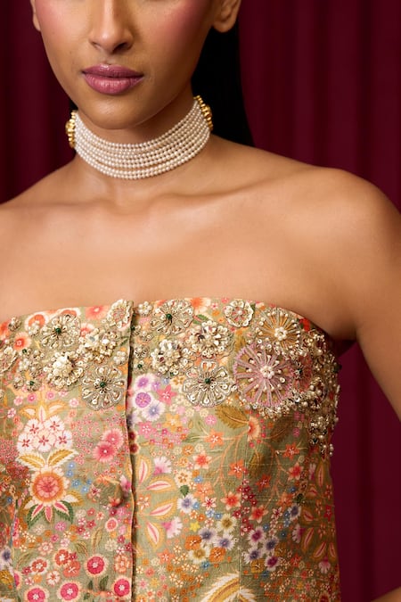 Shop_Ridhi Mehra_Green Silk Sequins, Pearls, Embroidery Cadenza Floral Print Jacket With Pant _Online_at_Aza_Fashions