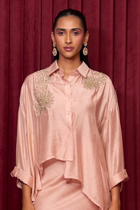 Ridhi Mehra Pink Fine Silk Placement Embroidery Sequin Collared Ballad Shirt With Skirt Online at Aza Fashions Ridhi Mehra_Pink Fine Silk Placement Embroidery Sequin Collared Ballad Shirt With Skirt _Online_at_Aza_Fashions
