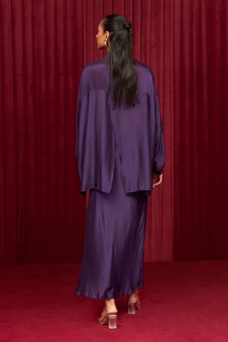 Shop Ridhi Mehra Purple Silk Embroidery Collared Symphony Floral Shirt With Skirt at Aza Fashions Shop_Ridhi Mehra_Purple Silk Embroidery Collared Symphony Floral Shirt With Skirt _at_Aza_Fashions