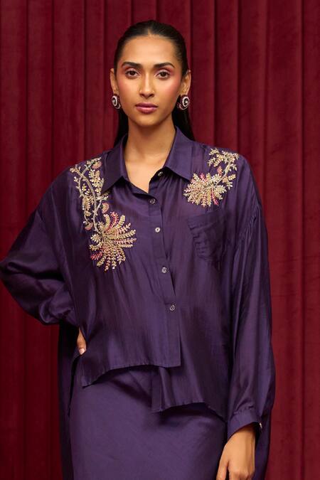 Ridhi Mehra Purple Silk Embroidery Collared Symphony Floral Shirt With Skirt Online at Aza Fashions Ridhi Mehra_Purple Silk Embroidery Collared Symphony Floral Shirt With Skirt _Online_at_Aza_Fashions