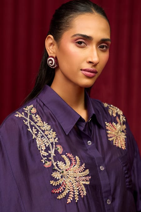 Shop Ridhi Mehra Purple Silk Embroidery Collared Symphony Floral Shirt With Skirt Online at Aza Fashions Shop_Ridhi Mehra_Purple Silk Embroidery Collared Symphony Floral Shirt With Skirt _Online_at_Aza_Fashions