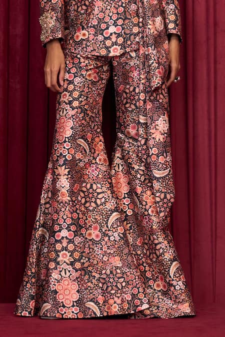 Ridhi Mehra_Black Silk Sequins, Embroidery Plunge Revel Floral Print Jacket With Palazzo _Online_at_Aza_Fashions