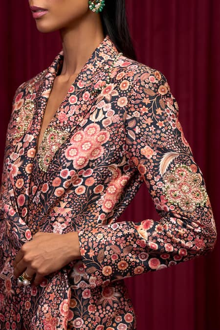 Shop_Ridhi Mehra_Black Silk Sequins, Embroidery Plunge Revel Floral Print Jacket With Palazzo _Online_at_Aza_Fashions