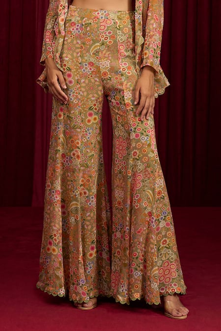 Buy Ridhi Mehra Green Georgette Beads, Sequins Open Neck, Floral Print Short Jacket And Pant Set Online at Aza Fashions Buy_Ridhi Mehra_Green Georgette Beads, Sequins Open Neck, Floral Print Short Jacket And Pant Set _Online_at_Aza_Fashions