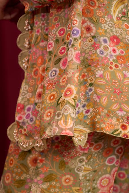 Shop Ridhi Mehra Green Georgette Beads, Sequins Open Neck, Floral Print Short Jacket And Pant Set Online at Aza Fashions Shop_Ridhi Mehra_Green Georgette Beads, Sequins Open Neck, Floral Print Short Jacket And Pant Set _Online_at_Aza_Fashions