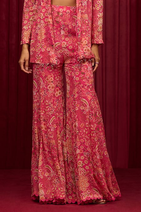 Ridhi Mehra_Pink Georgette Sequins, Embroidery Open Sync Floral Print Jacket And Pant Set _Online_at_Aza_Fashions