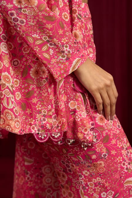 Shop_Ridhi Mehra_Pink Georgette Sequins, Embroidery Open Sync Floral Print Jacket And Pant Set _Online_at_Aza_Fashions