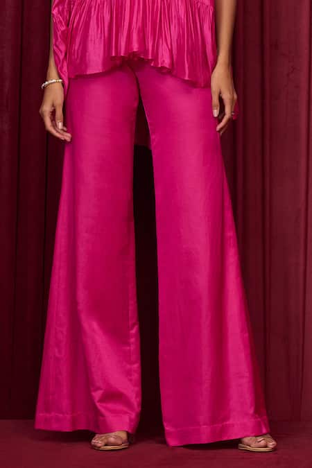 Ridhi Mehra_Pink Fine Silk Plain Round Neck Glide Pleated Top With Pant _Online_at_Aza_Fashions