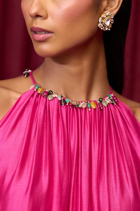 Shop_Ridhi Mehra_Pink Fine Silk Plain Round Neck Glide Pleated Top With Pant _Online_at_Aza_Fashions