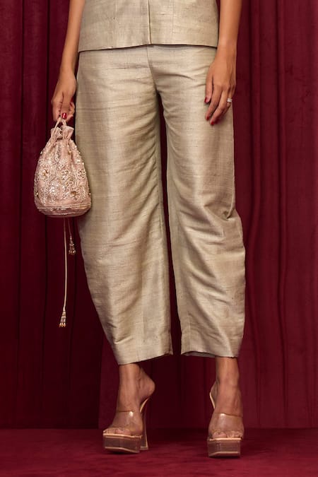 Ridhi Mehra Silver Silk Sequins, Embroidery Round Neck Sonic Tunic With Pant Online at Aza Fashions Ridhi Mehra_Silver Silk Sequins, Embroidery Round Neck Sonic Tunic With Pant _Online_at_Aza_Fashions