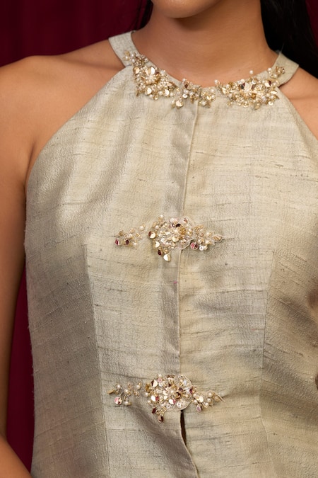 Buy Ridhi Mehra Silver Silk Sequins, Embroidery Round Neck Sonic Tunic With Pant Online at Aza Fashions Buy_Ridhi Mehra_Silver Silk Sequins, Embroidery Round Neck Sonic Tunic With Pant _Online_at_Aza_Fashions