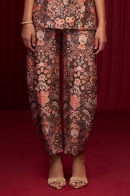 Ridhi Mehra_Black Raw Silk Print Floral Halter Neck Chorus Long Top With Pant _Online_at_Aza_Fashions