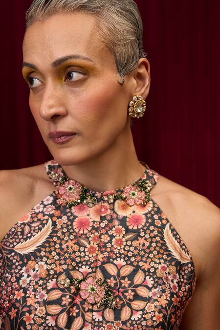 Buy_Ridhi Mehra_Black Raw Silk Print Floral Halter Neck Chorus Long Top With Pant _Online_at_Aza_Fashions