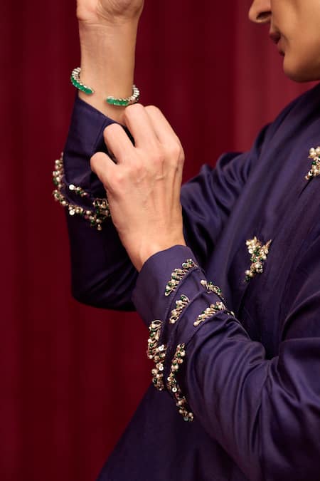 Buy_Ridhi Mehra_Purple Cotton Satin Placement Embroidery Floral Round Neck Jazz Top With Pant _Online_at_Aza_Fashions