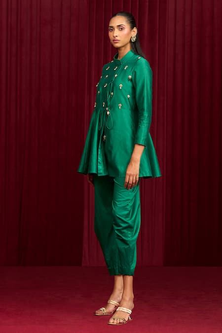 Buy Ridhi Mehra Green Chanderi Sequins, Embroidery Collared Sonata Tunic With Pant Online at Aza Fashions Buy_Ridhi Mehra_Green Chanderi Sequins, Embroidery Collared Sonata Tunic With Pant _Online_at_Aza_Fashions