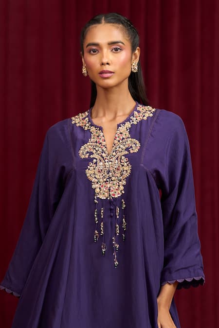 Shop_Ridhi Mehra_Purple Silk, Cotton Embroidery Split V-neck Prelude Floral Yoke Tunic With Pant _Online_at_Aza_Fashions