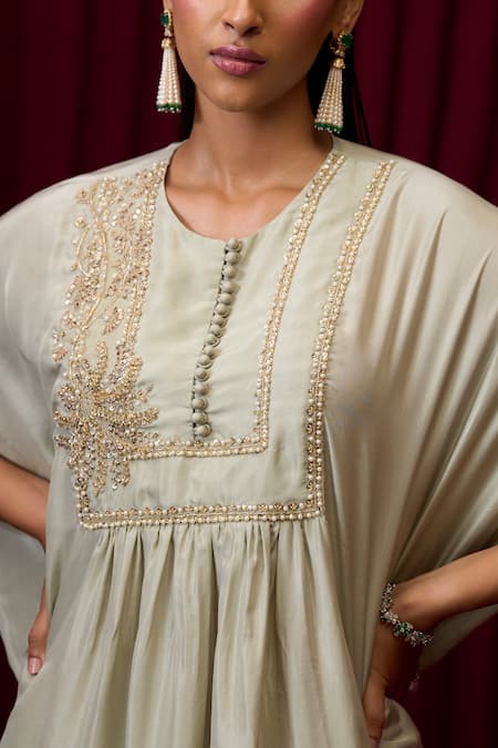 Ridhi Mehra_Silver Silk Embroidery Round Neck Crescendo Yoke Kaftan With Pant _Online_at_Aza_Fashions