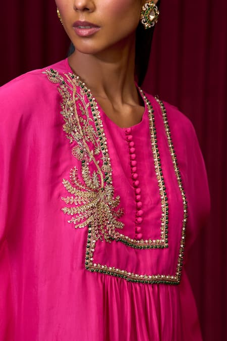 Buy_Ridhi Mehra_Pink Silk Embroidery Round Neck Breeze Kaftan With Pant _Online_at_Aza_Fashions