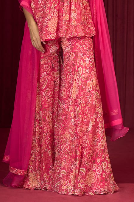 Ridhi Mehra_Pink Chiffon Embroidery, Sequins Round Rhapsody Floral Print Kurta Gharara Set _Online_at_Aza_Fashions
