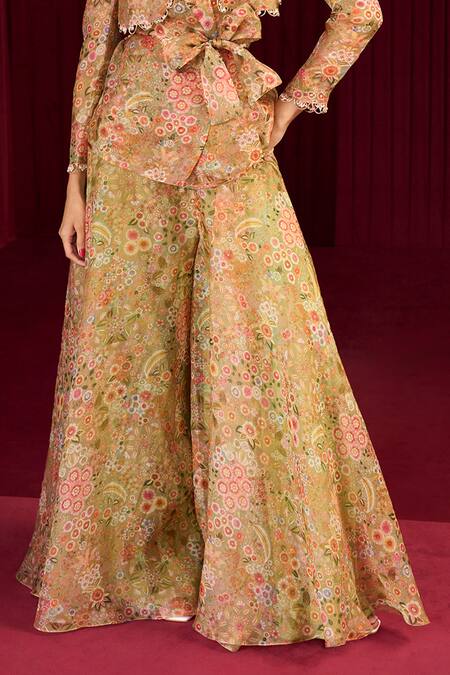 Ridhi Mehra_Green Organza Embroidery V-neck Echo Floral Print Jacket With Palazzo _Online_at_Aza_Fashions