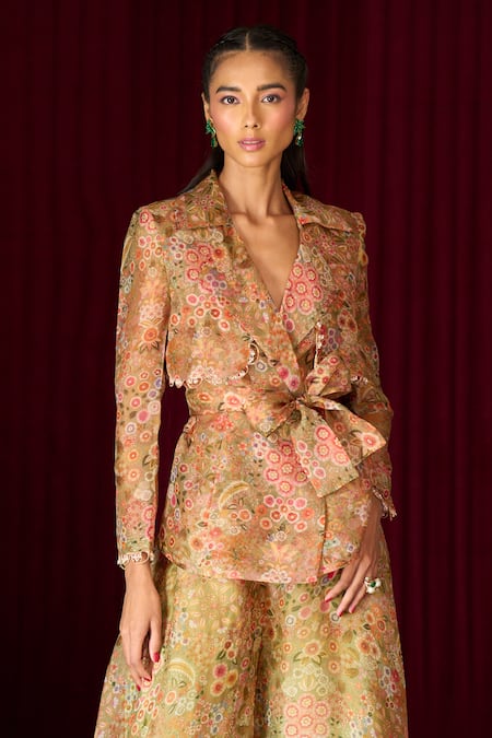 Buy_Ridhi Mehra_Green Organza Embroidery V-neck Echo Floral Print Jacket With Palazzo _Online_at_Aza_Fashions