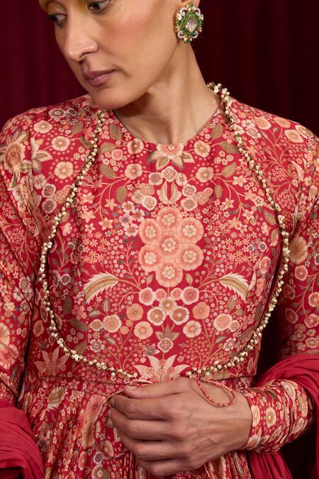 Buy_Ridhi Mehra_Red Chanderi Embroidery Round Neck Tempo Floral Print Anarkali With Dupatta _Online_at_Aza_Fashions