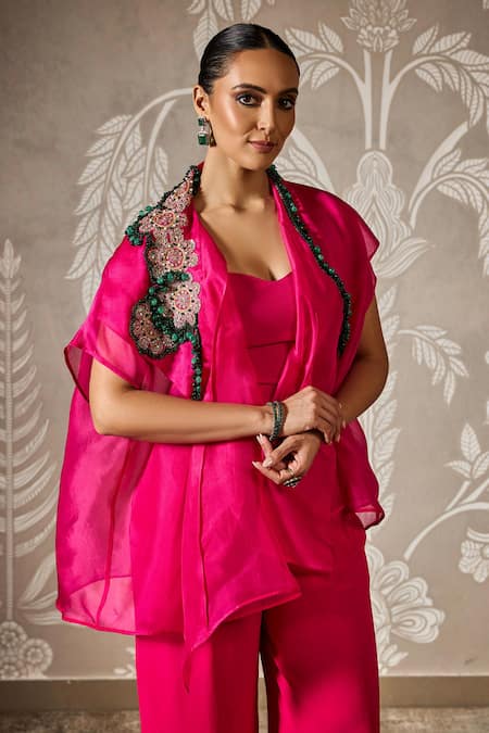 Ridhi Mehra_Pink Georgette Embroidery Square Neck Aura Floral Patch Cape Pant Set _Online_at_Aza_Fashions