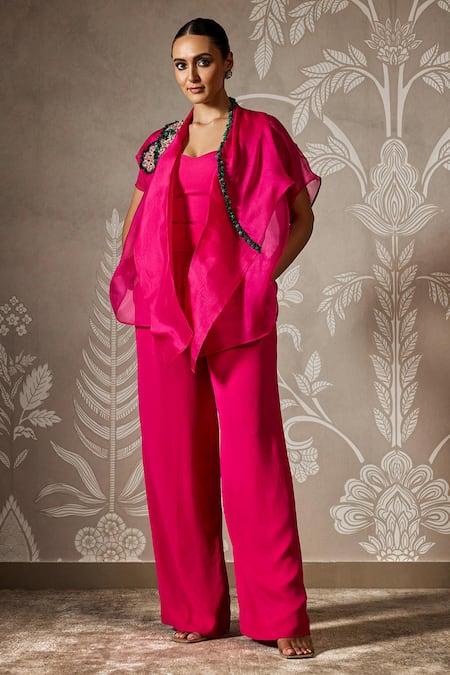 Buy_Ridhi Mehra_Pink Georgette Embroidery Square Neck Aura Floral Patch Cape Pant Set _Online_at_Aza_Fashions