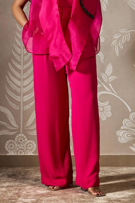 Shop_Ridhi Mehra_Pink Georgette Embroidery Square Neck Aura Floral Patch Cape Pant Set _Online_at_Aza_Fashions