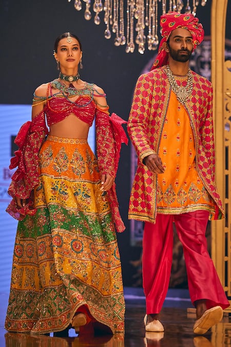 The Royaleum Multi Color Silk Sequins, Mirrors Off-shoulder Embroidered Lehenga And Blouse Set Online at Aza Fashions The Royaleum_Multi Color Silk Sequins, Mirrors Off-shoulder Embroidered Lehenga And Blouse Set _Online_at_Aza_Fashions
