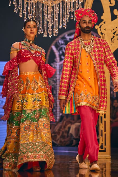 Buy The Royaleum Multi Color Silk Sequins, Mirrors Off-shoulder Embroidered Lehenga And Blouse Set Online at Aza Fashions Buy_The Royaleum_Multi Color Silk Sequins, Mirrors Off-shoulder Embroidered Lehenga And Blouse Set _Online_at_Aza_Fashions