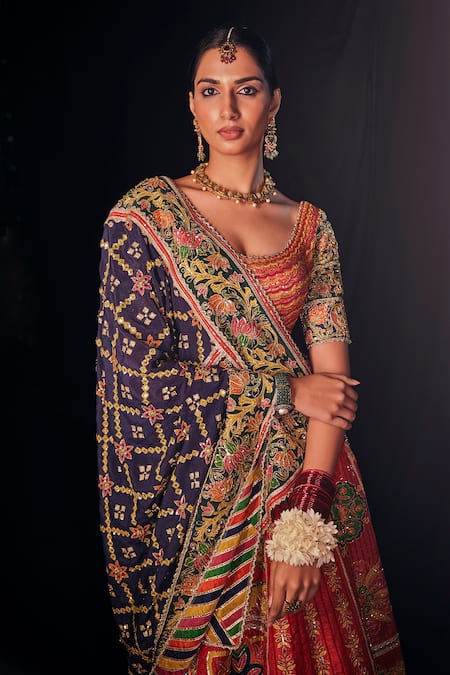 The Royaleum Red Silk Sequins, Embroidery Round Neck Geometric Motifs Lehenga Set Online at Aza Fashions The Royaleum_Red Silk Sequins, Embroidery Round Neck Geometric Motifs Lehenga Set _Online_at_Aza_Fashions