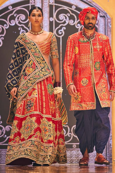 Buy The Royaleum Red Silk Sequins, Embroidery Round Neck Geometric Motifs Lehenga Set Online at Aza Fashions Buy_The Royaleum_Red Silk Sequins, Embroidery Round Neck Geometric Motifs Lehenga Set _Online_at_Aza_Fashions