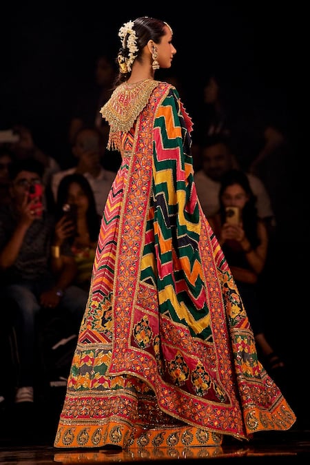 Shop_The Royaleum_Multi Color Silk Embroidery Round Neck Zigzag Pattern Anarkali With Dupatta _at_Aza_Fashions