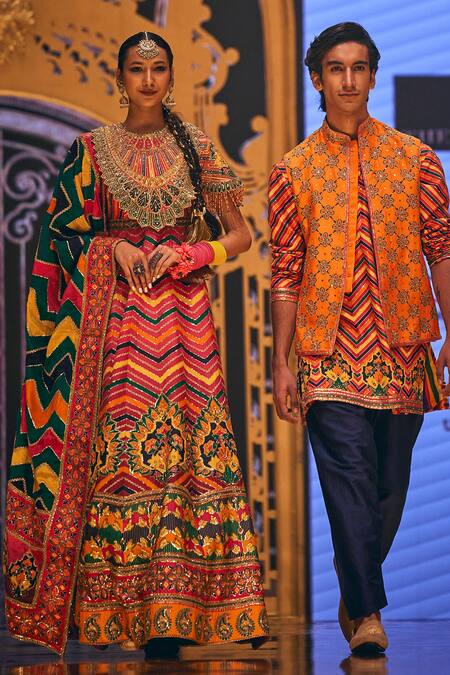 The Royaleum_Multi Color Silk Embroidery Round Neck Zigzag Pattern Anarkali With Dupatta _Online_at_Aza_Fashions