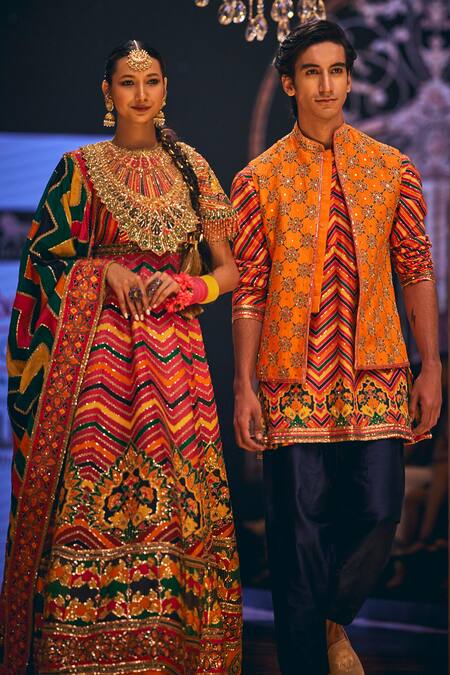 Buy_The Royaleum_Multi Color Silk Embroidery Round Neck Zigzag Pattern Anarkali With Dupatta _Online_at_Aza_Fashions