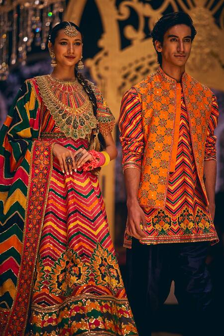 Shop_The Royaleum_Multi Color Silk Embroidery Round Neck Zigzag Pattern Anarkali With Dupatta _Online_at_Aza_Fashions