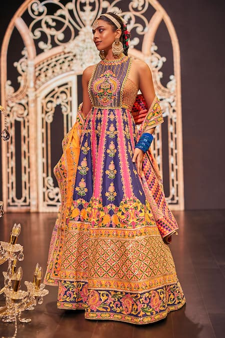 Shop The Royaleum Multi Color Silk Embroidery, Sequins, Zari Floral Anarkali With Dupatta at Aza Fashions Shop_The Royaleum_Multi Color Silk Embroidery, Sequins, Zari Floral Anarkali With Dupatta _at_Aza_Fashions