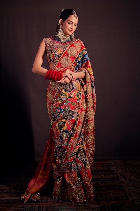 Shop_The Royaleum_Multi Color Crepe, Silk Sequins, Floral Motifs Embroidered Saree With Blouse _at_Aza_Fashions
