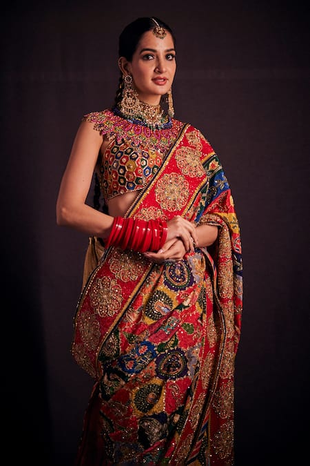 The Royaleum_Multi Color Crepe, Silk Sequins, Floral Motifs Embroidered Saree With Blouse _Online_at_Aza_Fashions