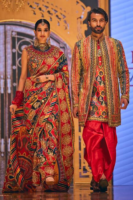 Shop_The Royaleum_Multi Color Crepe, Silk Sequins, Floral Motifs Embroidered Saree With Blouse _Online_at_Aza_Fashions