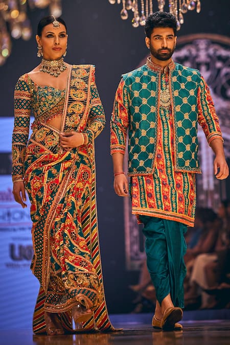 The Royaleum Multi Color Crepe, Silk Beads, Sequins Geometric Embroidered Saree With Blouse Online at Aza Fashions The Royaleum_Multi Color Crepe, Silk Beads, Sequins Geometric Embroidered Saree With Blouse _Online_at_Aza_Fashions