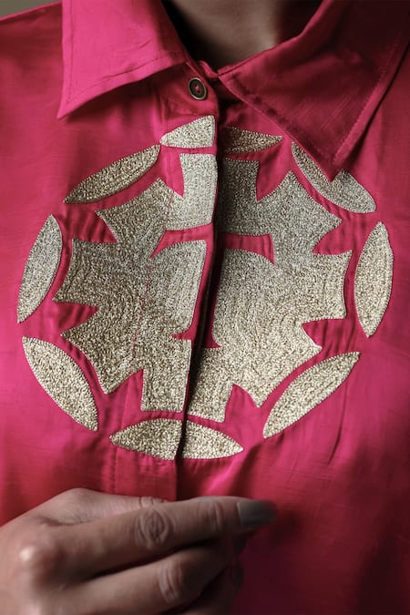 Buy_Thetaa_Pink Polyester, Silk Zari Thread Placement Embroidered Shirt And Printed Pant Set_Online_at_Aza_Fashions