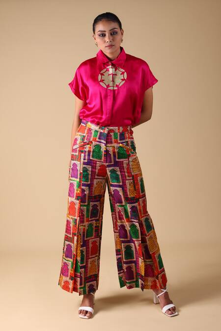 Shop_Thetaa_Pink Polyester, Silk Zari Thread Placement Embroidered Shirt And Printed Pant Set_Online_at_Aza_Fashions