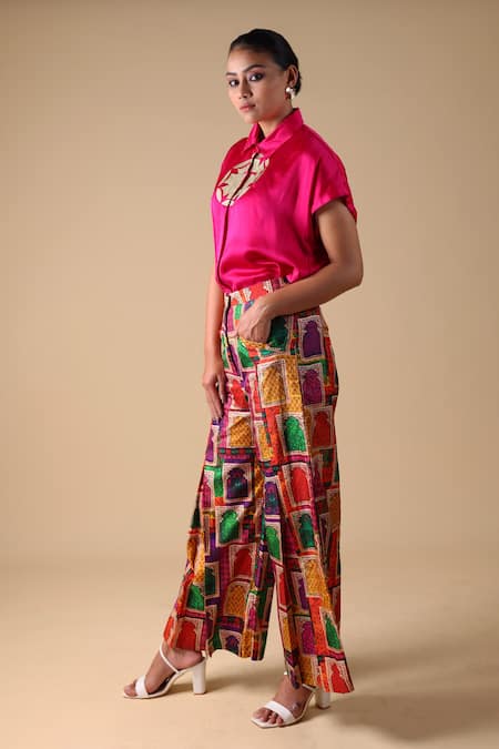 Thetaa_Pink Polyester, Silk Zari Thread Placement Embroidered Shirt And Printed Pant Set_at_Aza_Fashions