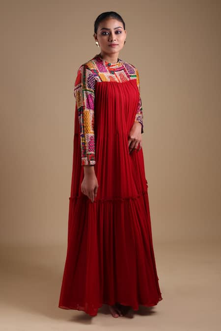 Shop Thetaa Red Silk, Georgette Embroidery High Neck Jharokha Yoke Print Gown Online at Aza Fashions Shop_Thetaa_Red Silk, Georgette Embroidery High Neck Jharokha Yoke Print Gown _Online_at_Aza_Fashions