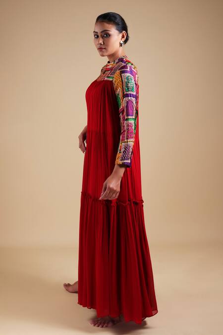 Thetaa Red Silk, Georgette Embroidery High Neck Jharokha Yoke Print Gown at Aza Fashions Thetaa_Red Silk, Georgette Embroidery High Neck Jharokha Yoke Print Gown _at_Aza_Fashions