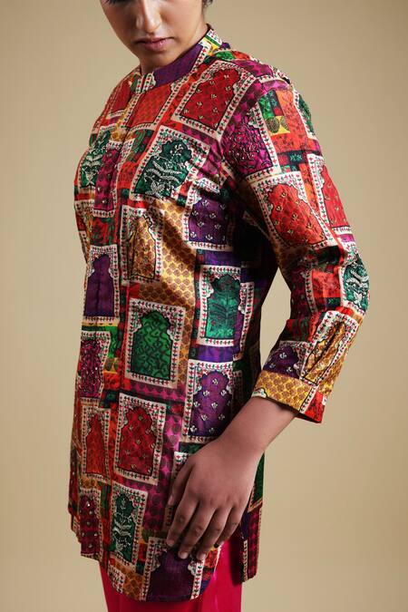 Thetaa Pink Pure Silk Printed Jharokha Mandarin Collar Kurta And Straight Pant Set Online at Aza Fashions Thetaa_Pink Pure Silk Printed Jharokha Mandarin Collar Kurta And Straight Pant Set _Online_at_Aza_Fashions