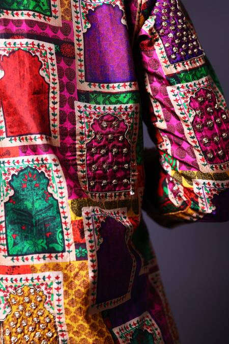 Shop Thetaa Pink Pure Silk Printed Jharokha Mandarin Collar Kurta And Straight Pant Set Online at Aza Fashions Shop_Thetaa_Pink Pure Silk Printed Jharokha Mandarin Collar Kurta And Straight Pant Set _Online_at_Aza_Fashions